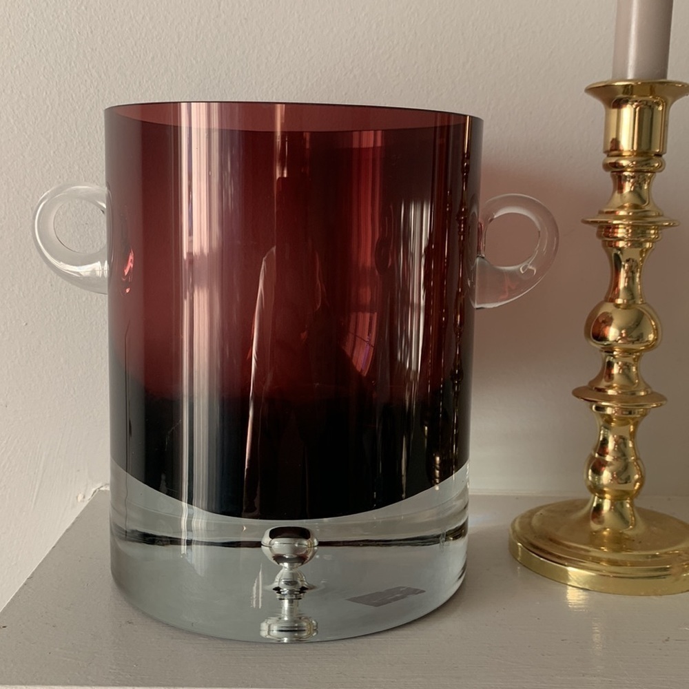 MCM Krosno Poland Block Art Glass With handles Vase‎ Purple Clear Base Bubble
